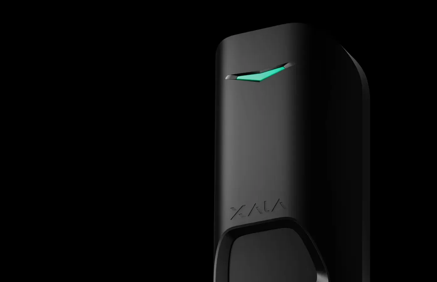 Black Ajax alarm device with a glowing green status indicator