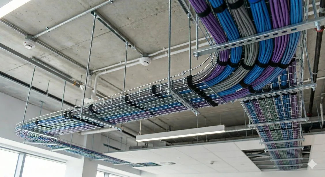Overhead wire basket cable trays carrying bundled blue and purple data cables