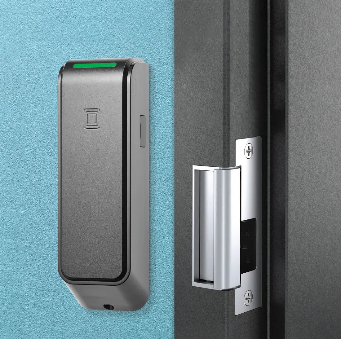 Card reader beside an electric strike installed in a door frame