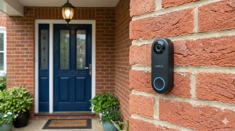 Reolink video doorbell on brick beside a blue front door