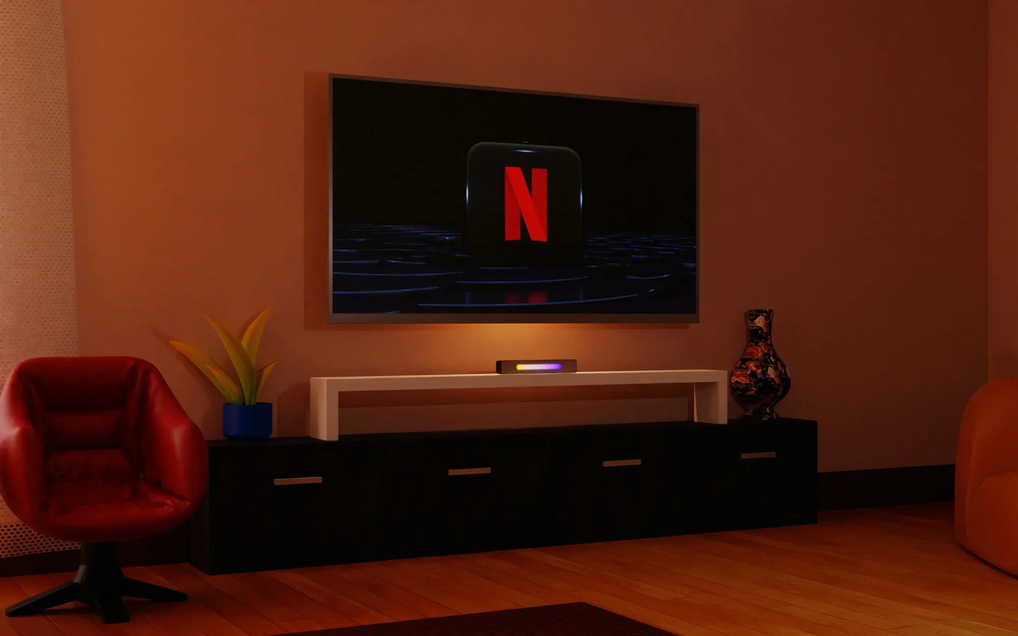 Wall-mounted TV above a black media unit
