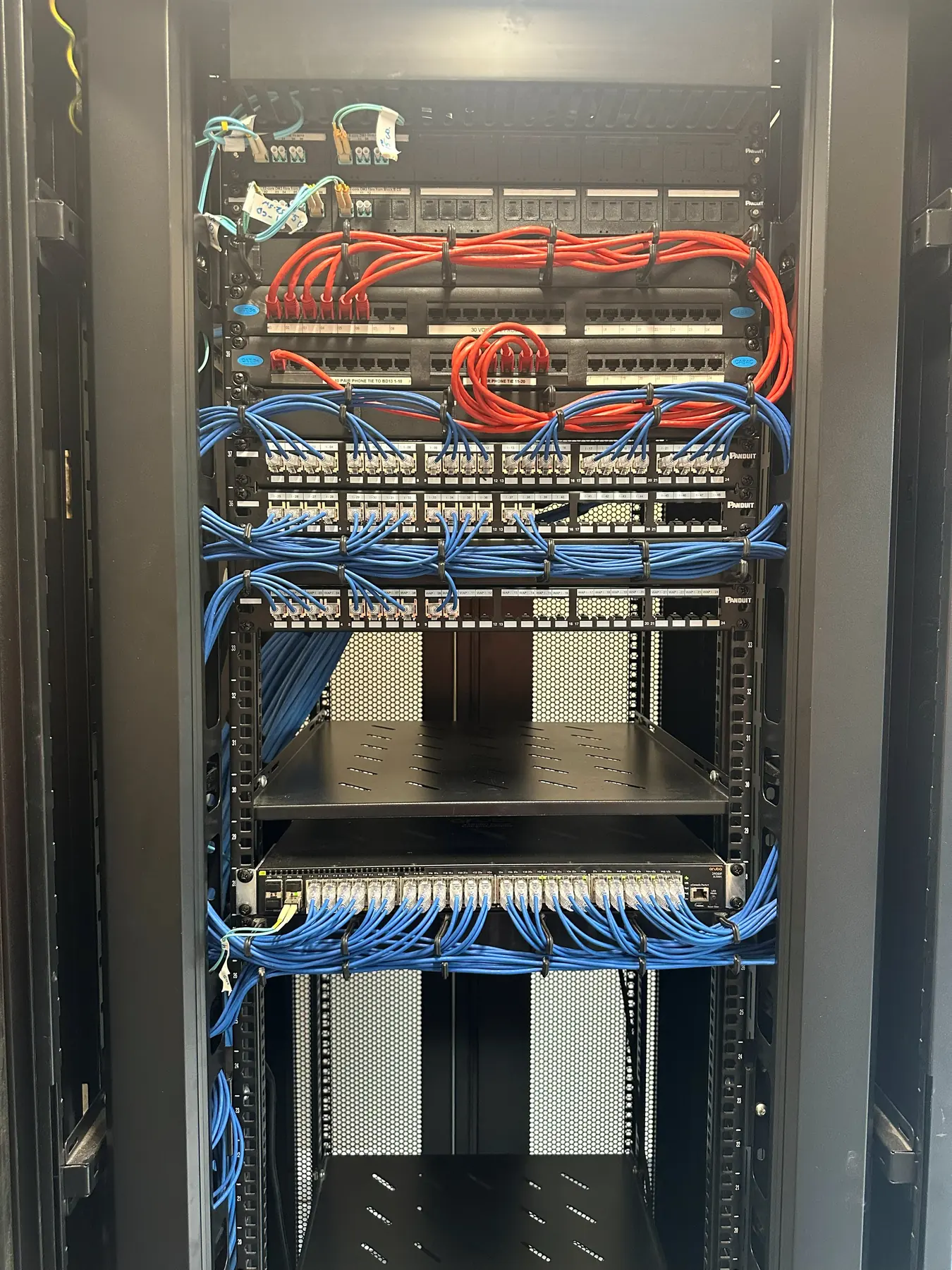 Commercial comms rack with patch panels and dressed data cabling